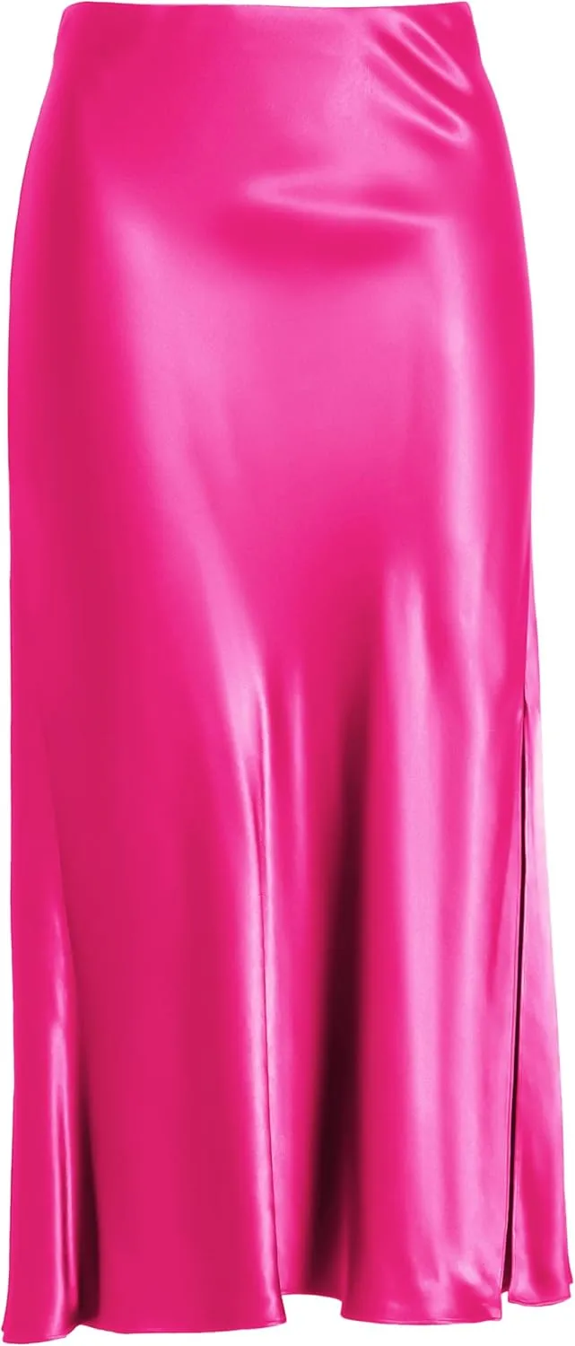 Women Solid High Waist Silky Casual Elastic Satin Midi Slit Skirt - Made in USA