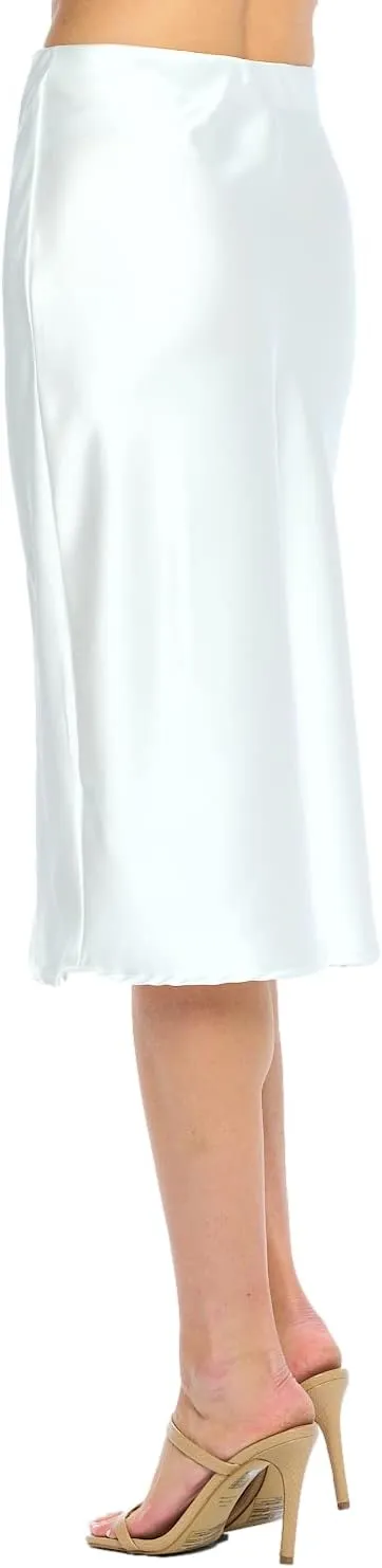 Women Solid High Waist Silky Casual Elastic Satin Midi Slit Skirt - Made in USA