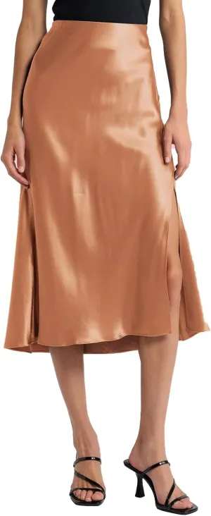Women Solid High Waist Silky Casual Elastic Satin Midi Slit Skirt - Made in USA