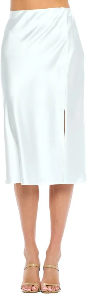 Women Solid High Waist Silky Casual Elastic Satin Midi Slit Skirt - Made in USA