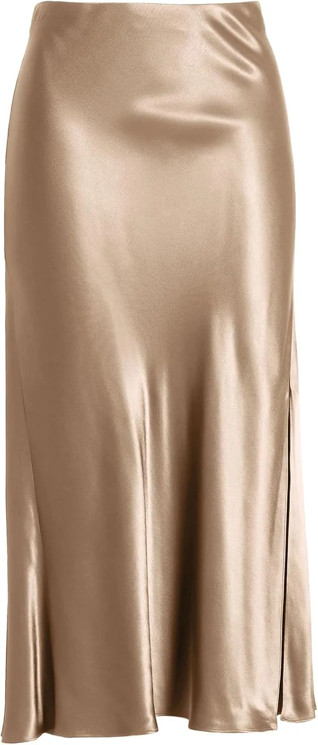 Women Solid High Waist Silky Casual Elastic Satin Midi Slit Skirt - Made in USA