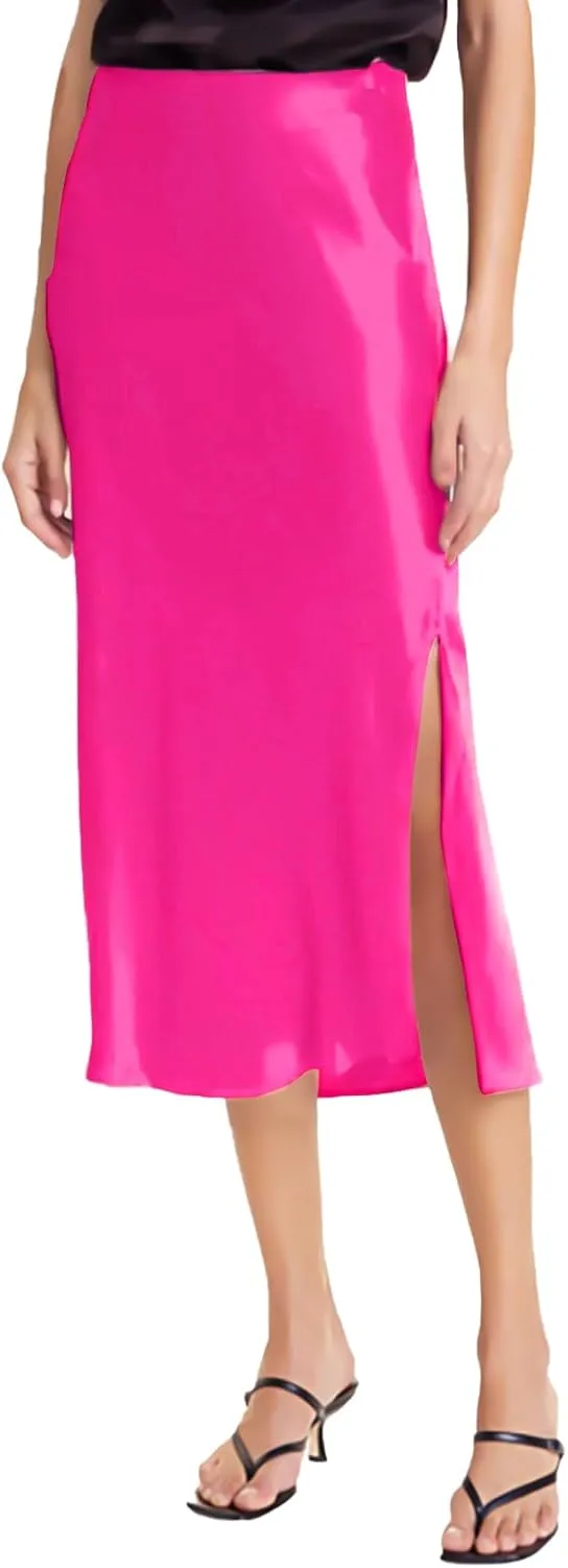 Women Solid High Waist Silky Casual Elastic Satin Midi Slit Skirt - Made in USA