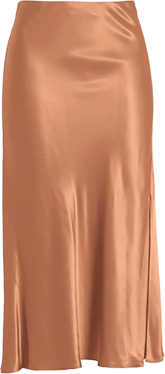 Women Solid High Waist Silky Casual Elastic Satin Midi Slit Skirt - Made in USA