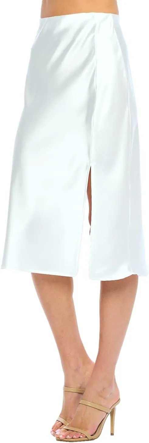 Women Solid High Waist Silky Casual Elastic Satin Midi Slit Skirt - Made in USA