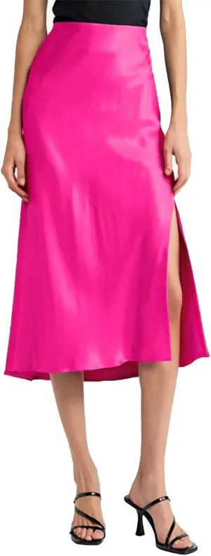 Women Solid High Waist Silky Casual Elastic Satin Midi Slit Skirt - Made in USA