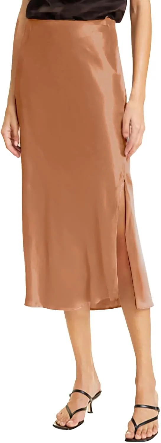 Women Solid High Waist Silky Casual Elastic Satin Midi Slit Skirt - Made in USA