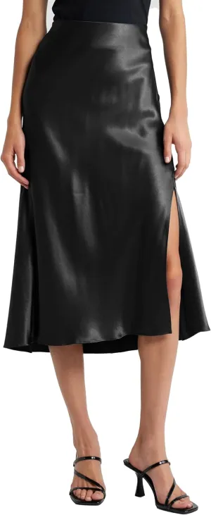 Women Solid High Waist Silky Casual Elastic Satin Midi Slit Skirt - Made in USA