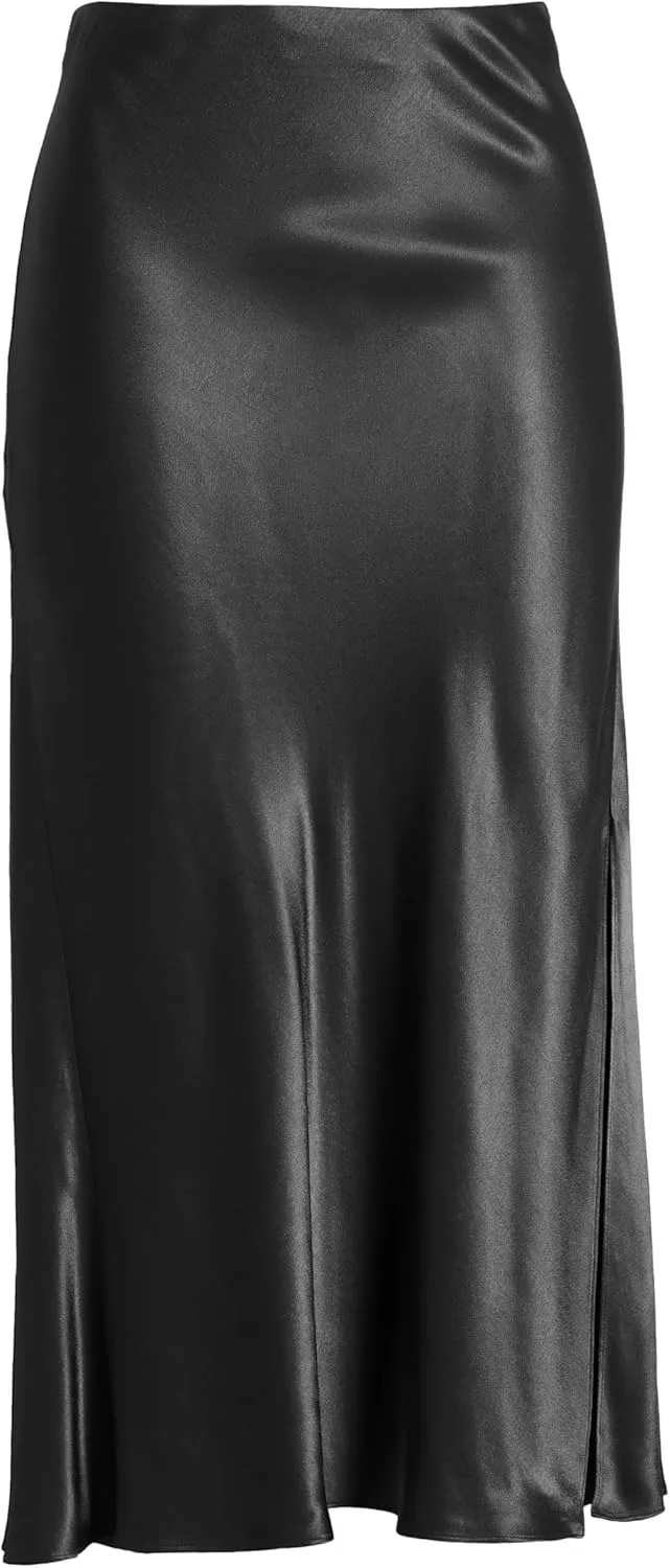 Women Solid High Waist Silky Casual Elastic Satin Midi Slit Skirt - Made in USA