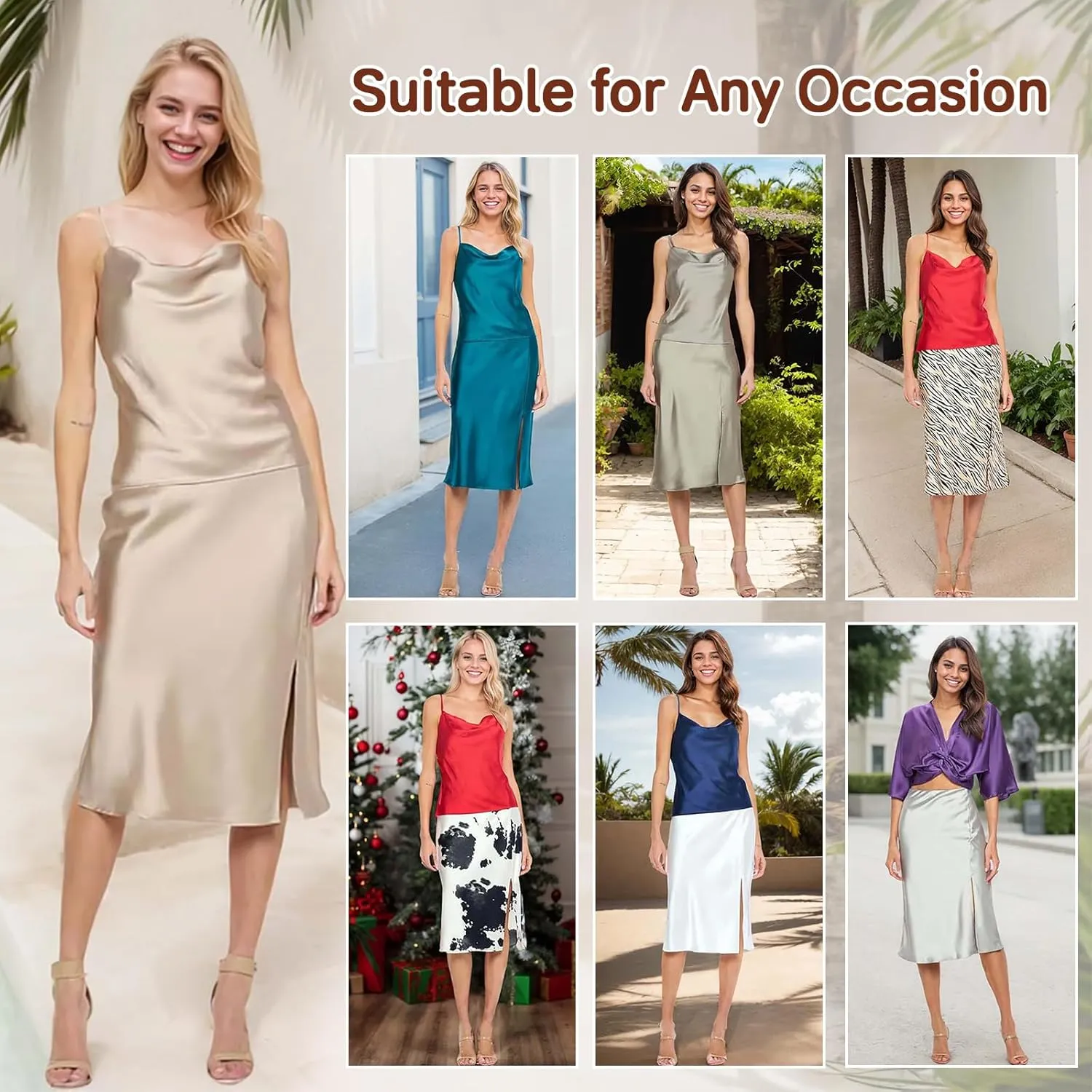 Women Solid High Waist Silky Casual Elastic Satin Midi Slit Skirt - Made in USA