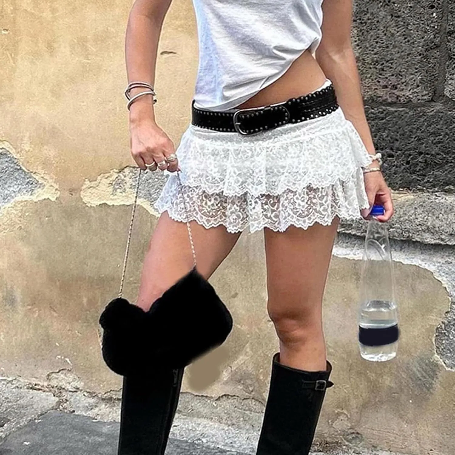 Women Summer Sexy Lace Mini Skirt Solid Color Low Waist Skirt Pleated Layered Skirt Party Mini Skirt for Women