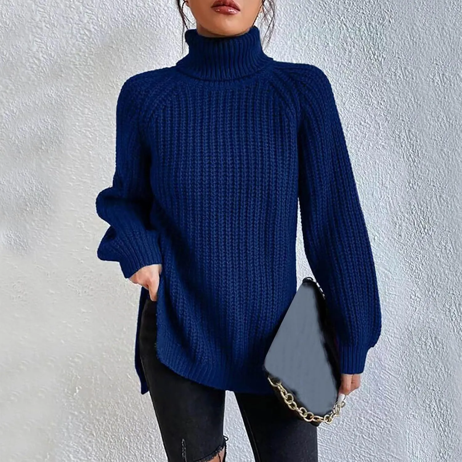Women Sweater for Winter 2024 Turtle Neck Causal Loose Tops Slim Fitting Knit Grid Fashion Basic Warm Outfits