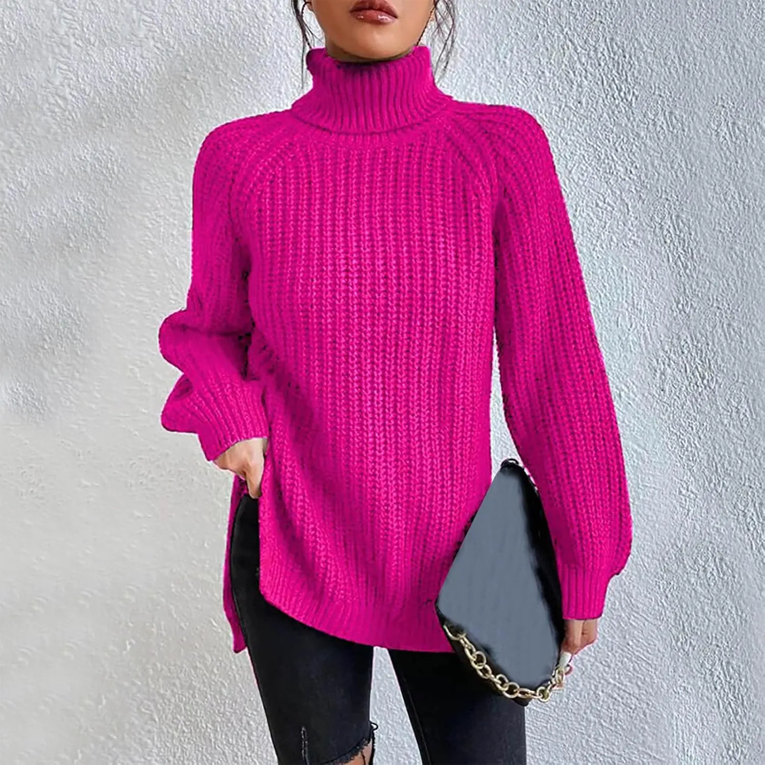 Women Sweater for Winter 2024 Turtle Neck Causal Loose Tops Slim Fitting Knit Grid Fashion Basic Warm Outfits