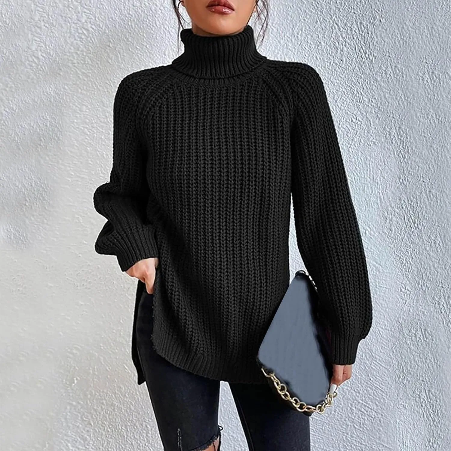 Women Sweater for Winter 2024 Turtle Neck Causal Loose Tops Slim Fitting Knit Grid Fashion Basic Warm Outfits