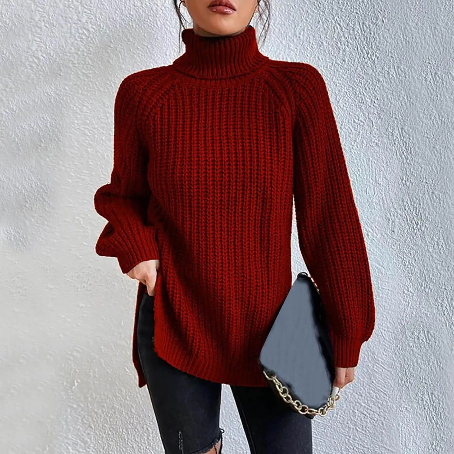 Women Sweater for Winter 2024 Turtle Neck Causal Loose Tops Slim Fitting Knit Grid Fashion Basic Warm Outfits