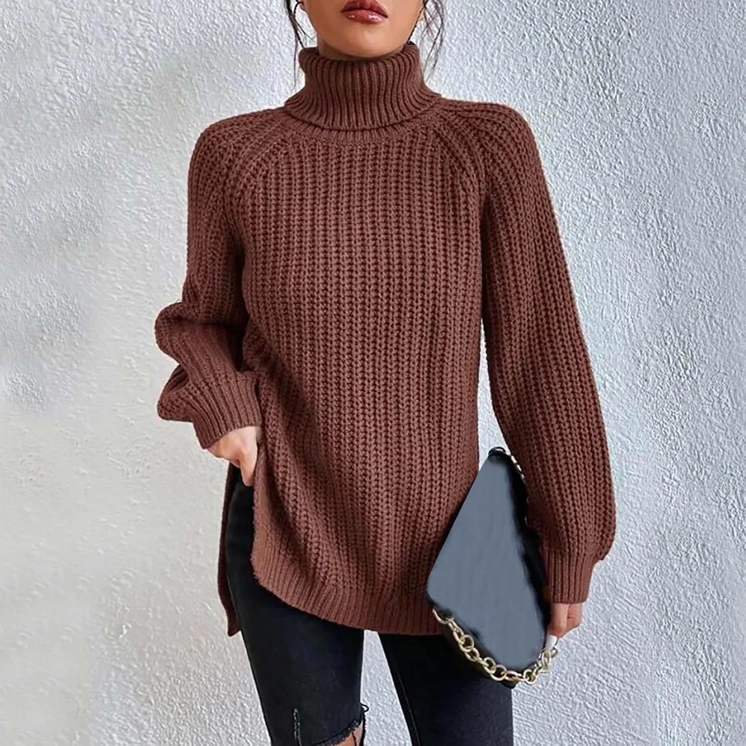 Women Sweater for Winter 2024 Turtle Neck Causal Loose Tops Slim Fitting Knit Grid Fashion Basic Warm Outfits