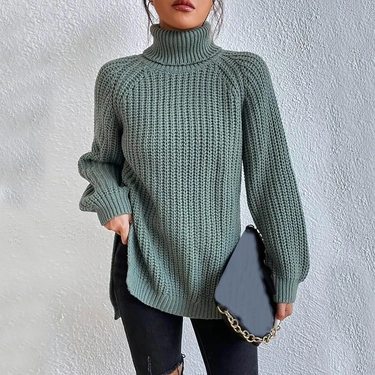 Women Sweater for Winter 2024 Turtle Neck Causal Loose Tops Slim Fitting Knit Grid Fashion Basic Warm Outfits
