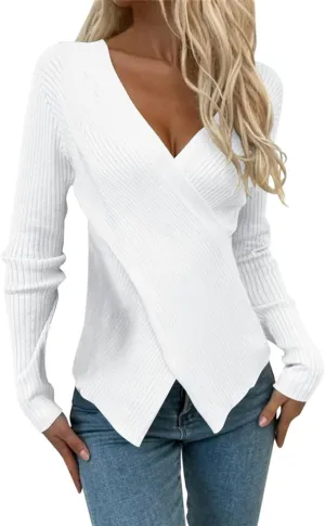 Women V Neck Pullover Sweater Solid Slim Fit Pullover Irregular Hem Sweater Fall Winter Fashion Trendy Sweater