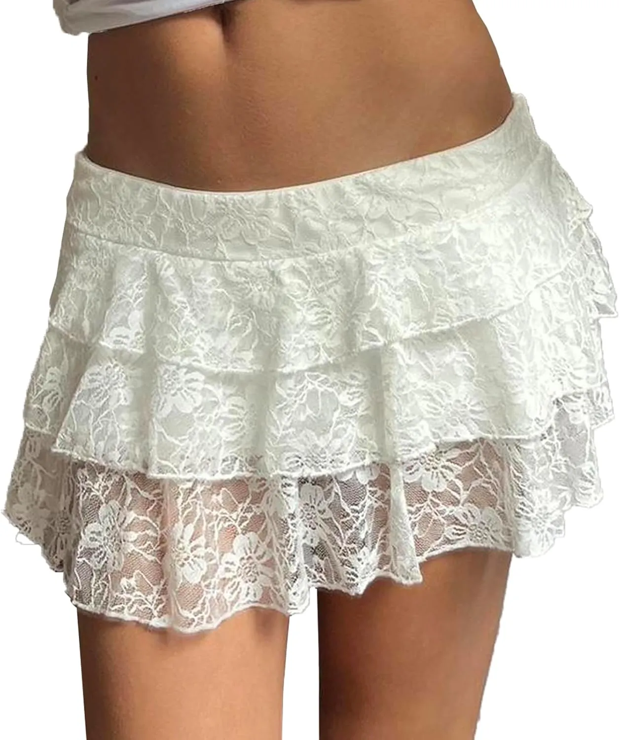 Women Y2k Floral Lace Mini Skirt Ruffle Layered Pleated Flowy Short Skirts Tiered Half Slip Coquette Streetwear
