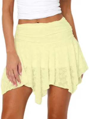 Women Y2k Lace Mini Skirt Layered Floral Lace Pleated Short Skirt Low Waist Half Slip Micro Ruffle Skirt