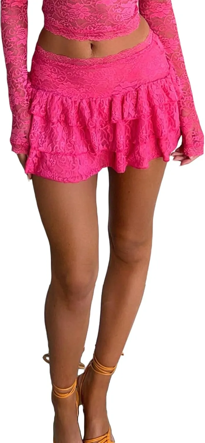Women Y2k Lace Mini Skirt Ruffle Half Slip Skirt Low Rise Layered Pleated Flowy Short Skirts Underskirt