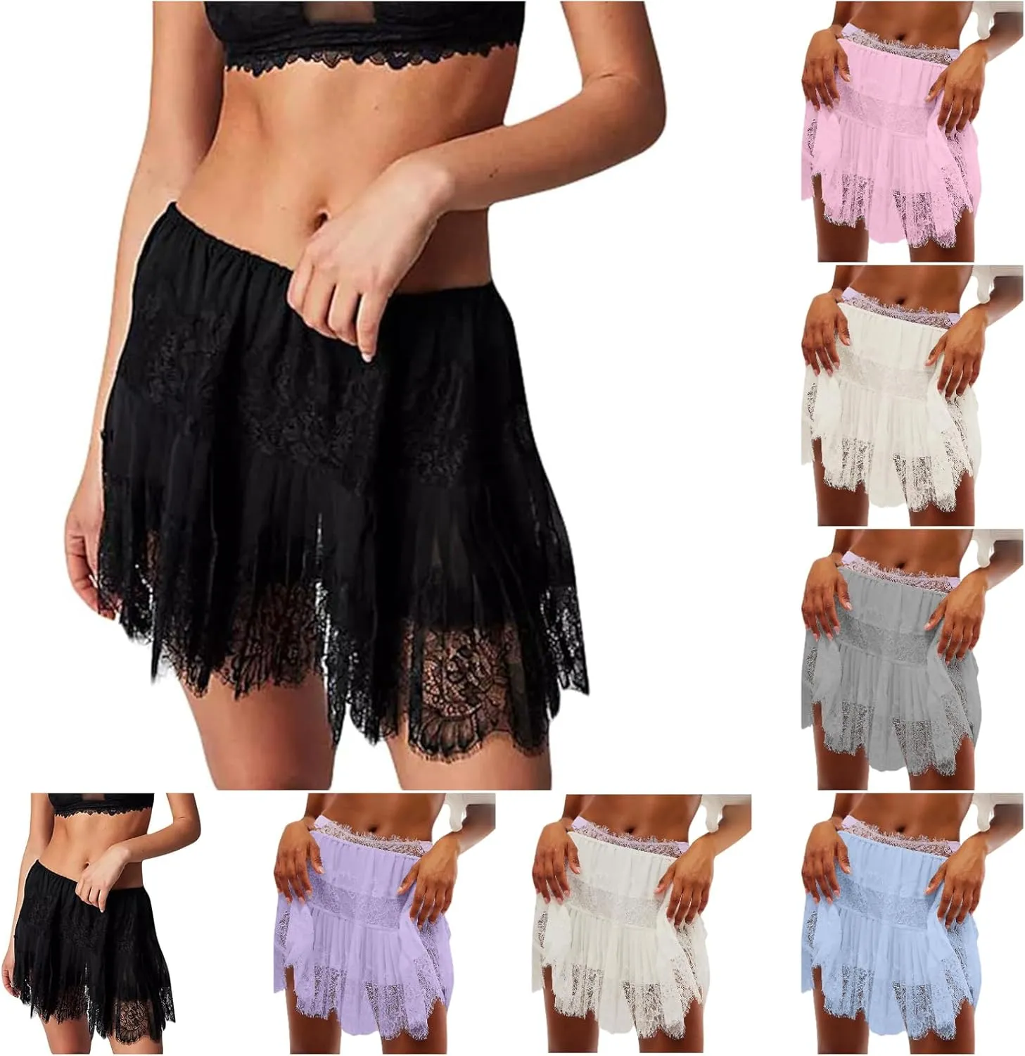 Women Y2k Lace Mini Skirts Fairy Mesh Floral Low Rise Ruffle Half Slip Layered Short Skirt Spring Summer Underskirt