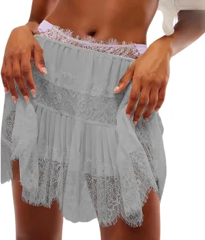 Women Y2k Lace Mini Skirts Fairy Mesh Floral Low Rise Ruffle Half Slip Layered Short Skirt Spring Summer Underskirt