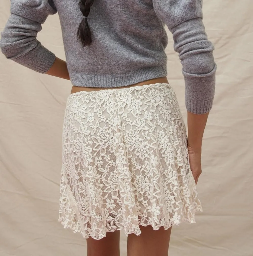 Women Y2k Lace Mini Skirts Low Waist Ruffle Half Slip Skirt Lace Pleated Tiered Short Skirts Layered Flowy Underskirt