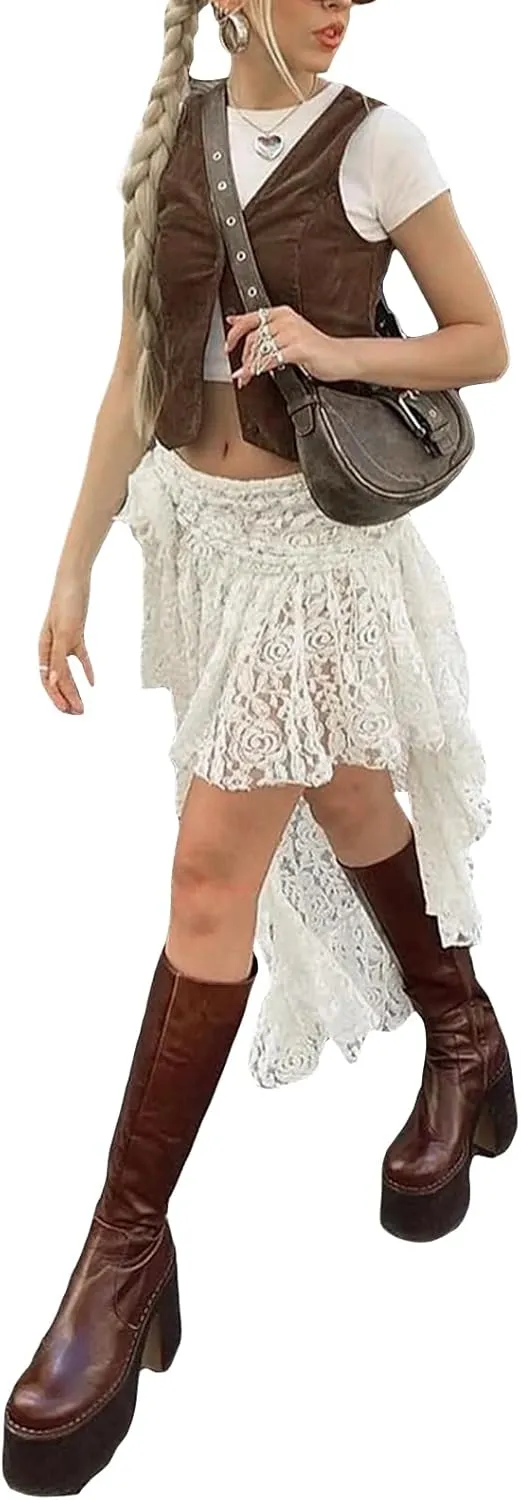 Women Y2k Lace Slip Skirt Elastic Low Rise Mini Skirts Pleated Half Slip Short Skirt Flowy Short Skirt Streetwear