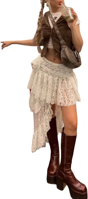 Women Y2k Lace Slip Skirt Elastic Low Rise Mini Skirts Pleated Half Slip Short Skirt Flowy Short Skirt Streetwear