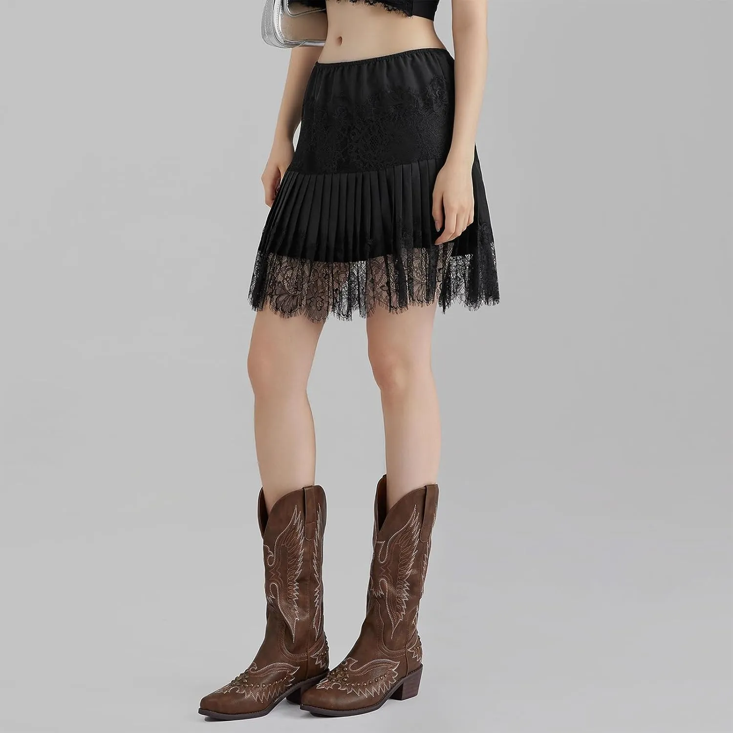 Women Y2k Lace Slip Skirt Mini Ruffle Pleated Flowy Short Skirts