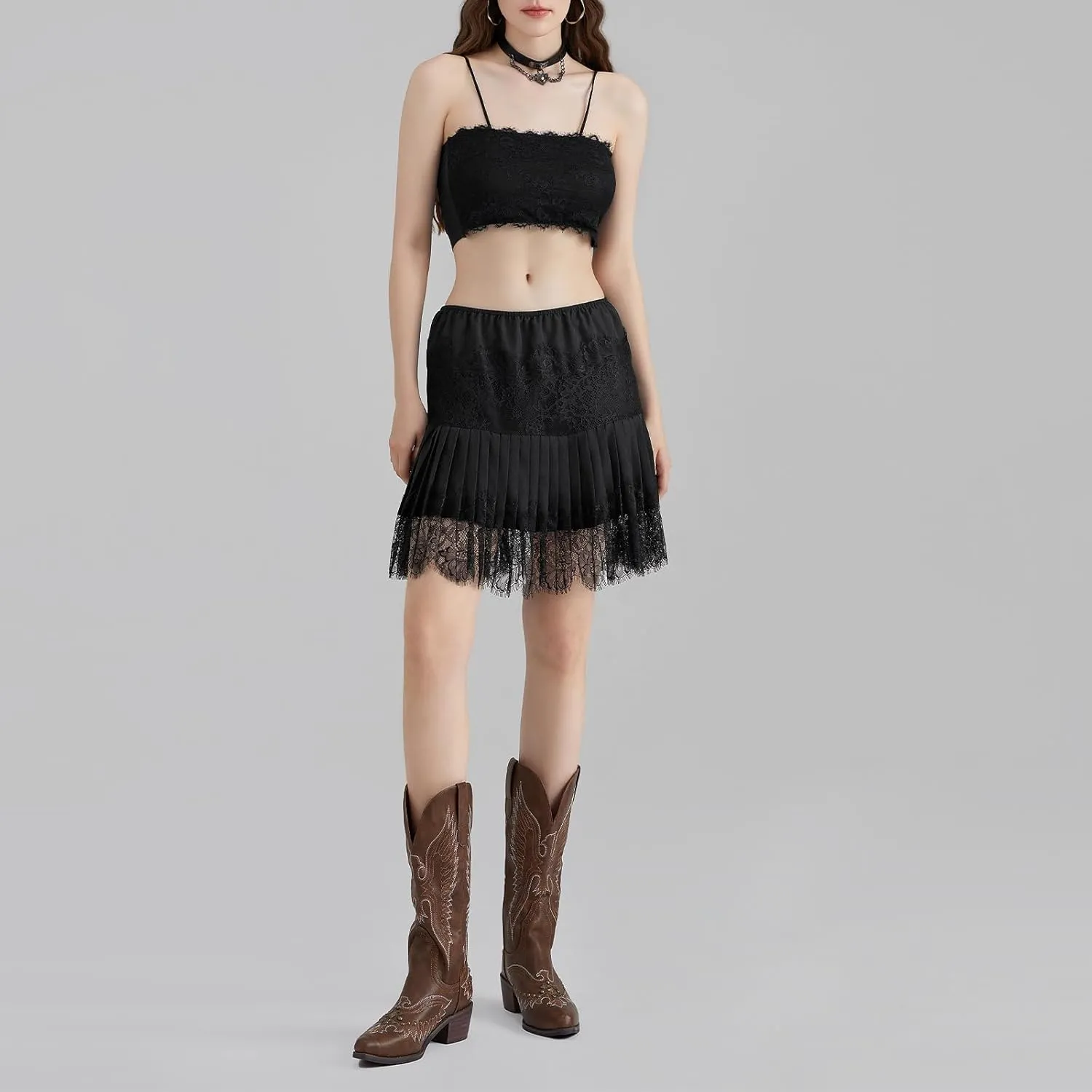 Women Y2k Lace Slip Skirt Mini Ruffle Pleated Flowy Short Skirts