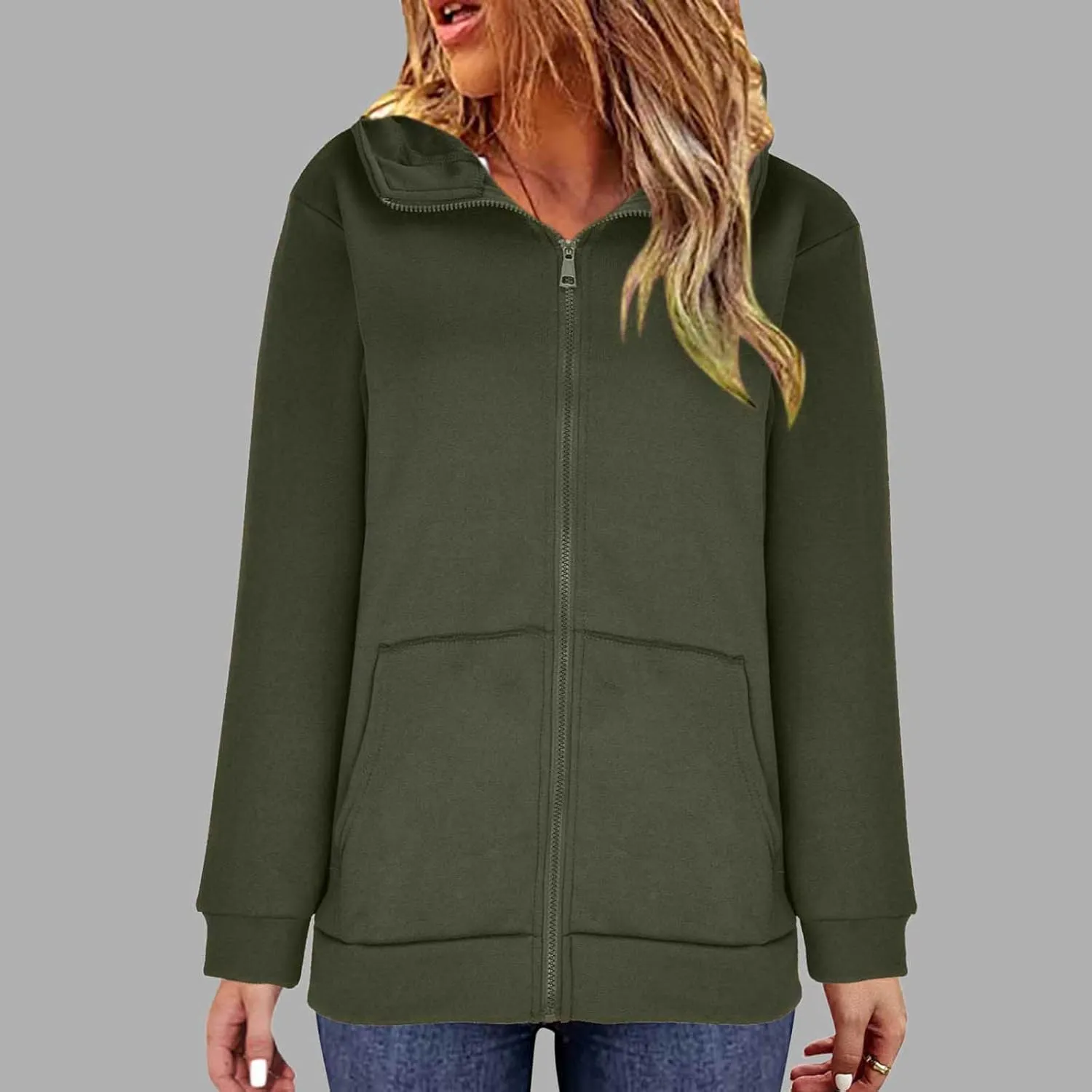 Women Zip Up Sweatshirt Fall Fleece Cozy Long Sleeve Plus Size Jacket Solid Color Y2k Trendy Hoodies with Pockets