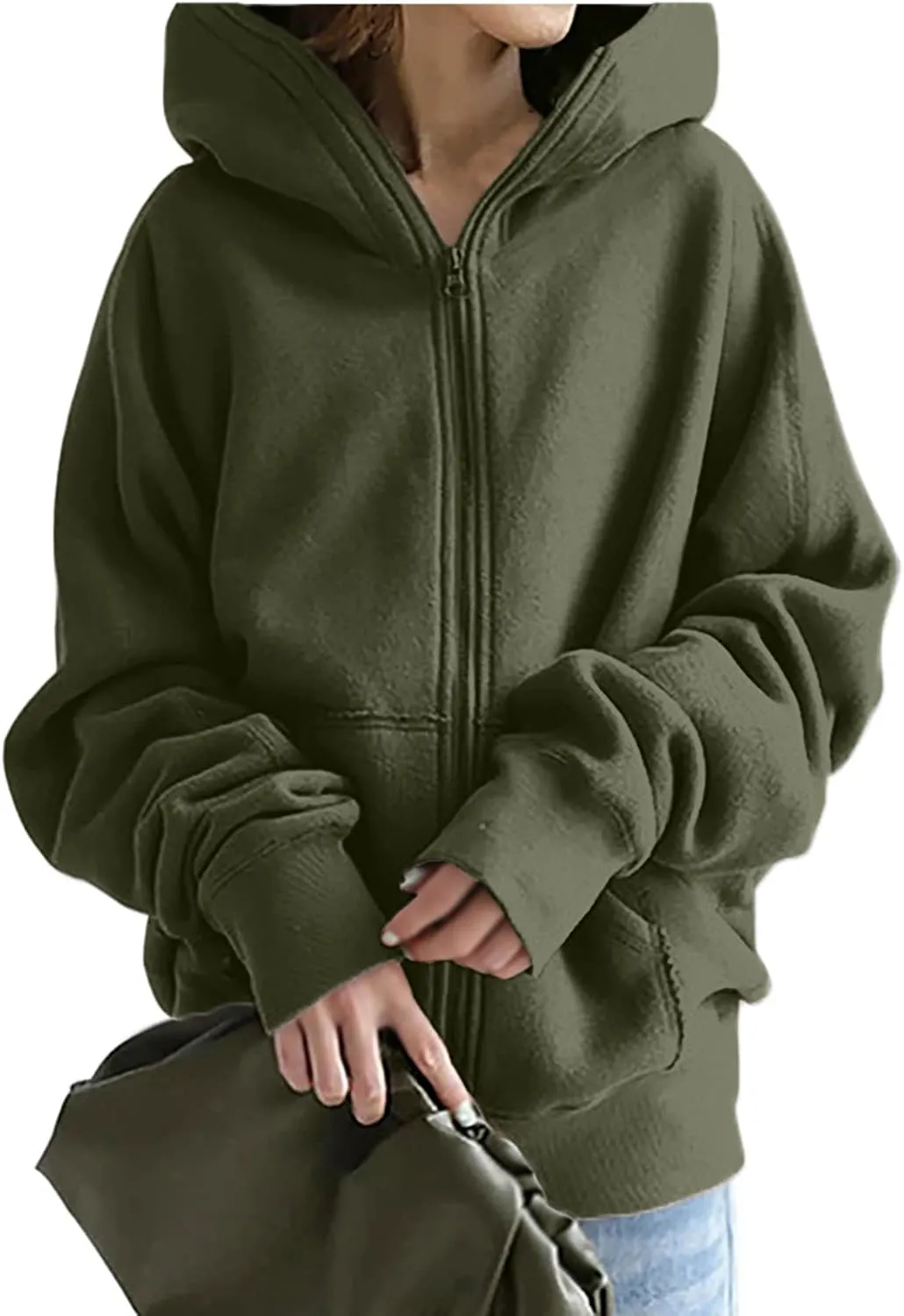 Women Zip Up Sweatshirt Fall Fleece Cozy Long Sleeve Plus Size Jacket Solid Color Y2k Trendy Hoodies with Pockets