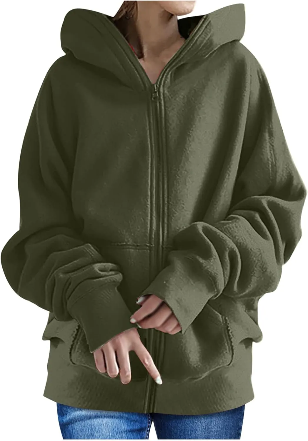 Women Zip Up Sweatshirt Fall Fleece Cozy Long Sleeve Plus Size Jacket Solid Color Y2k Trendy Hoodies with Pockets
