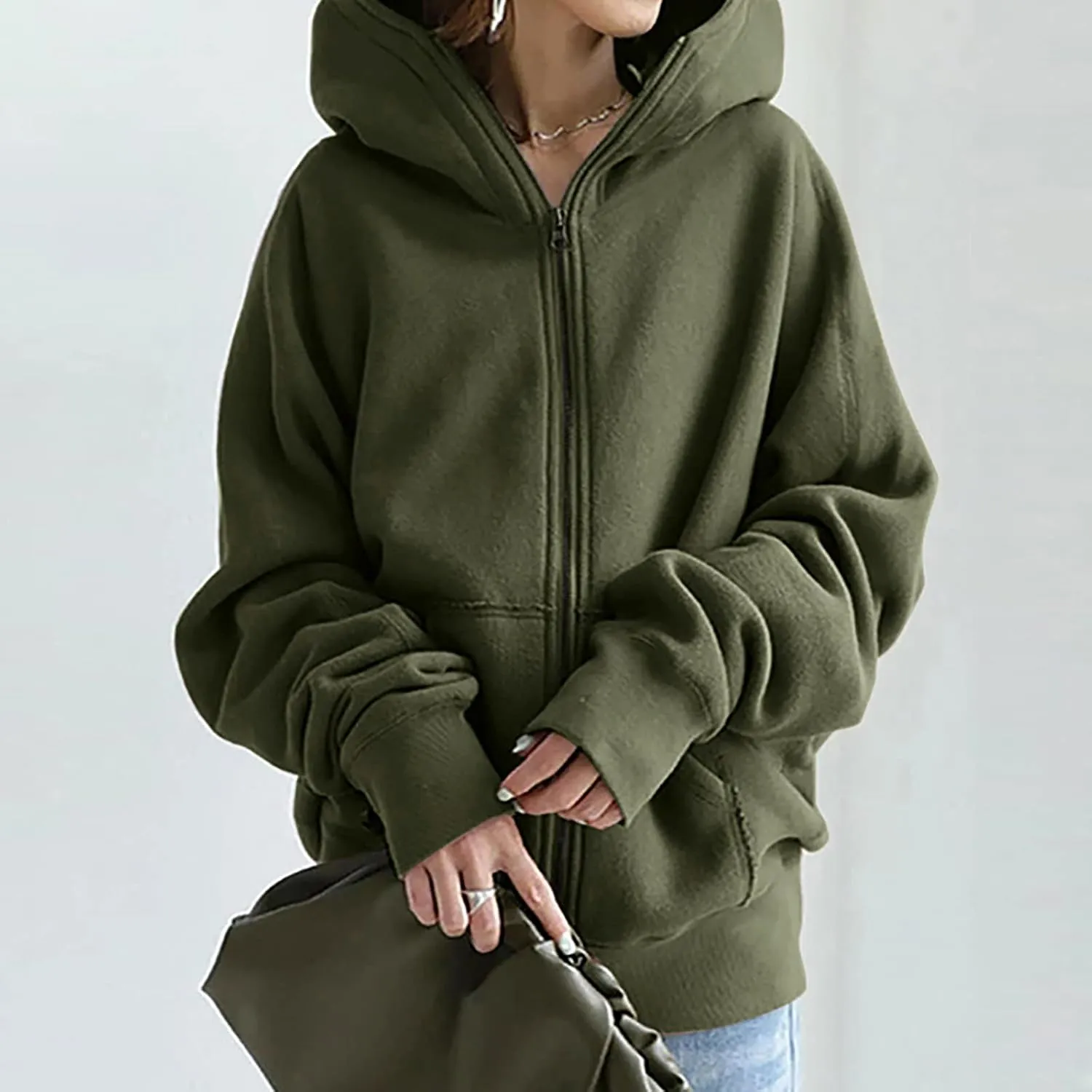 Women Zip Up Sweatshirt Fall Fleece Cozy Long Sleeve Plus Size Jacket Solid Color Y2k Trendy Hoodies with Pockets