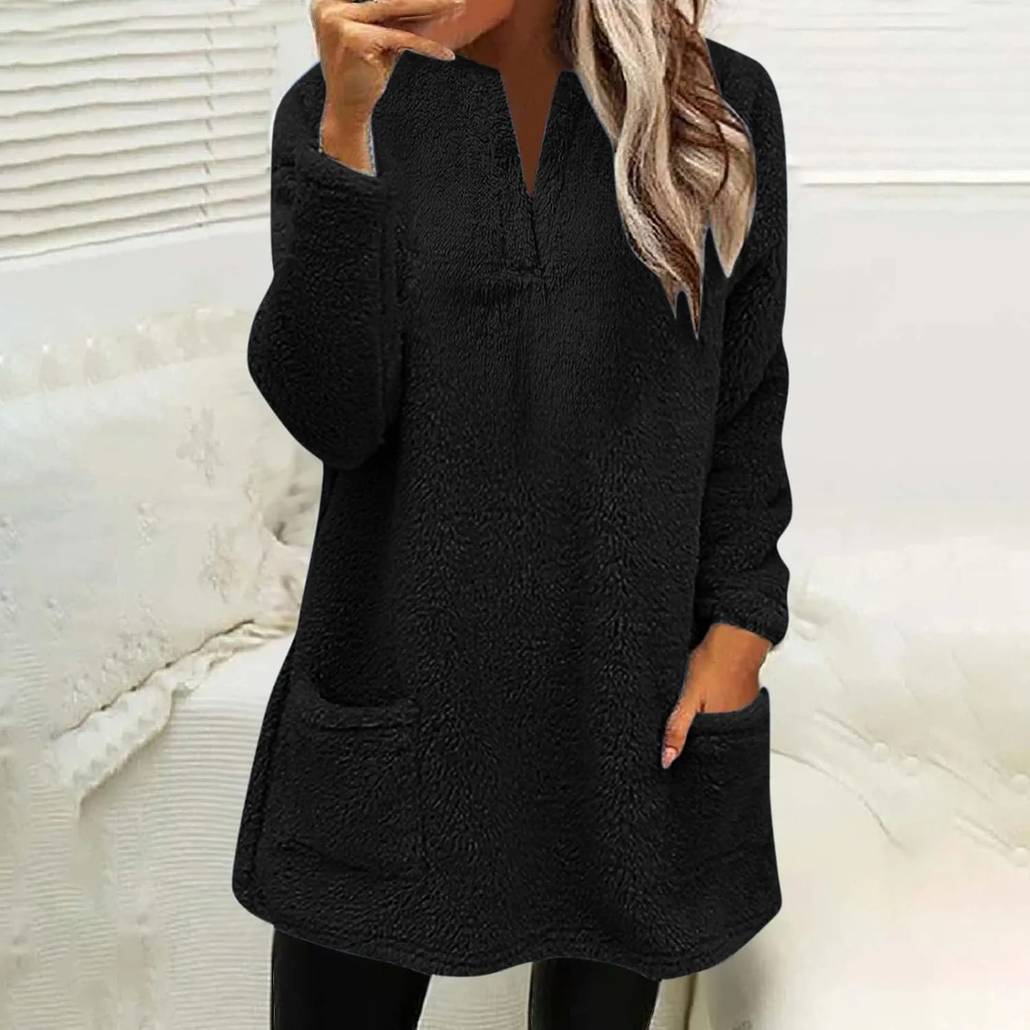 Womens 2024 Fashion Winter Fleece Warm Sweater V Neck Solid Color Long Sleeve Pullover With Pocket Casual Loose Tops