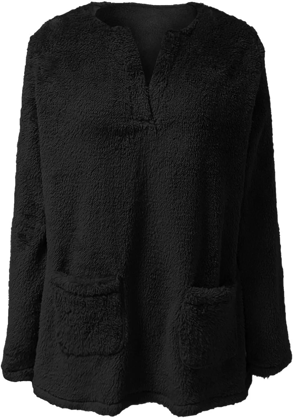 Womens 2024 Fashion Winter Fleece Warm Sweater V Neck Solid Color Long Sleeve Pullover With Pocket Casual Loose Tops