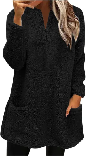 Womens 2024 Fashion Winter Fleece Warm Sweater V Neck Solid Color Long Sleeve Pullover With Pocket Casual Loose Tops