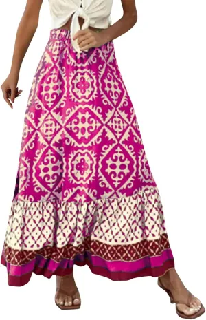 Women's 2025 Bohemian Long Skirts Elastic High Waist A Line Maxi Skirts Summer Casual Printed Pleated Flowy Skirts
