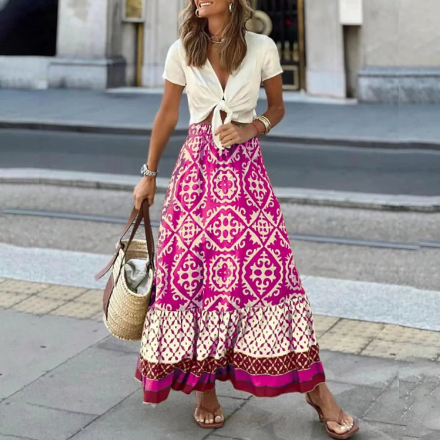 Women's 2025 Bohemian Long Skirts Elastic High Waist A Line Maxi Skirts Summer Casual Printed Pleated Flowy Skirts