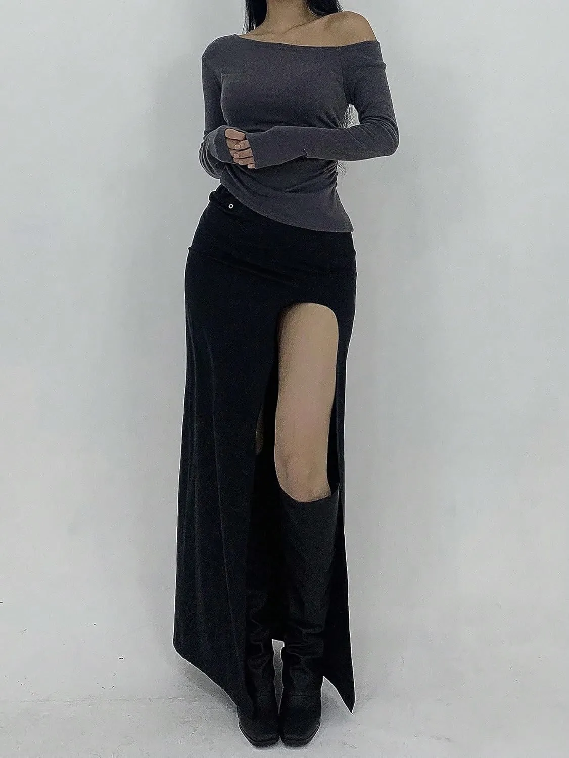 Women's 2025 Casual Maxi Long Skirts Solid Color High Slit Skirt