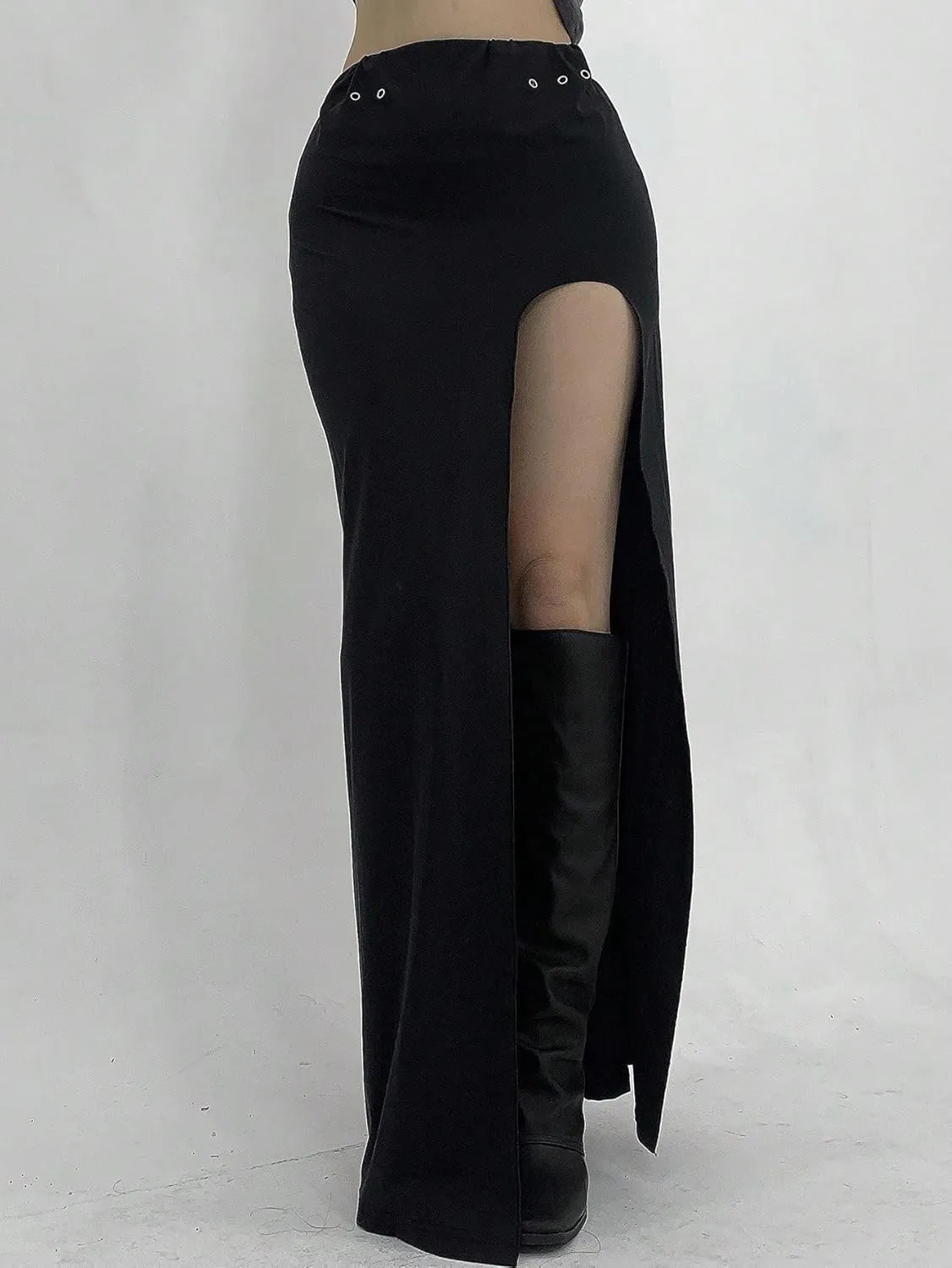 Women's 2025 Casual Maxi Long Skirts Solid Color High Slit Skirt