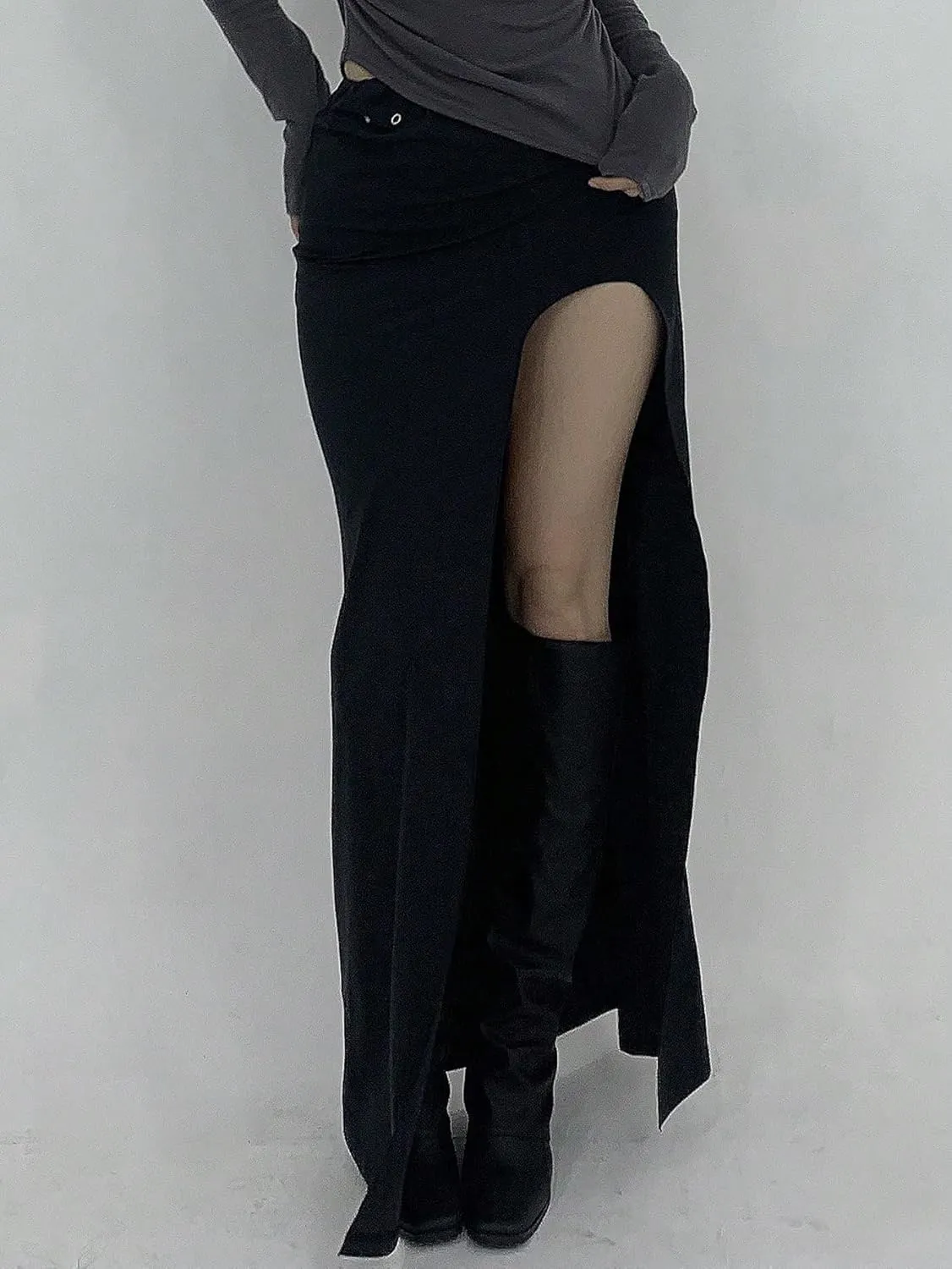 Women's 2025 Casual Maxi Long Skirts Solid Color High Slit Skirt