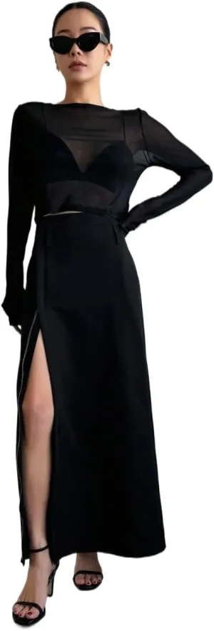 Women's 2025 Casual Maxi Long Skirts Solid Color High Waist Slit Skirt