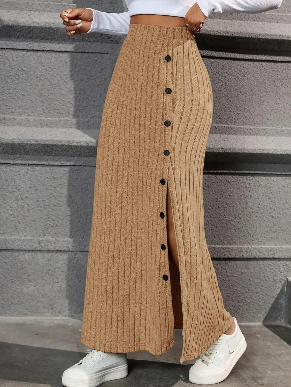Women's 2025 Casual Maxi Long Skirts Solid Color Ribbed Knit Slit Skirt