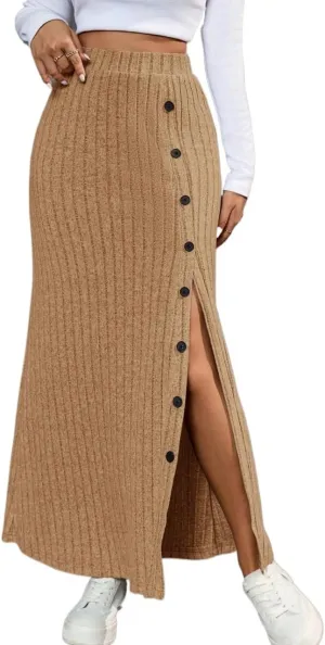 Women's 2025 Casual Maxi Long Skirts Solid Color Ribbed Knit Slit Skirt