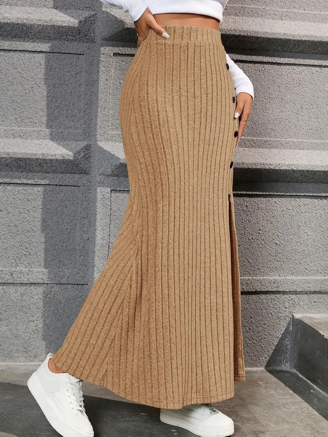 Women's 2025 Casual Maxi Long Skirts Solid Color Ribbed Knit Slit Skirt