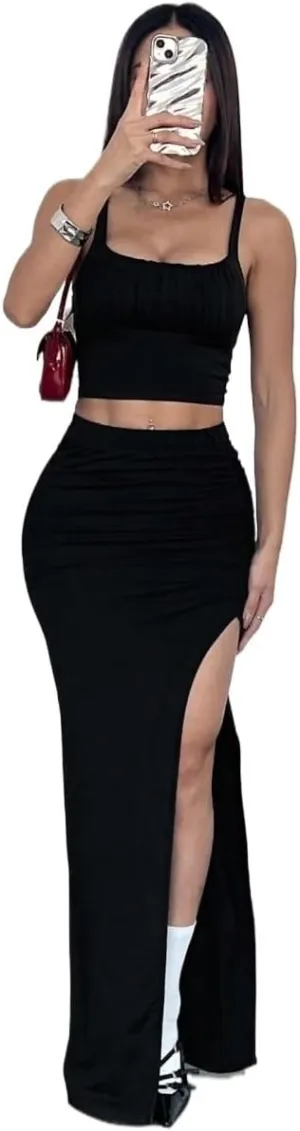 Women's 2025 Casual Maxi Long Skirts Solid Color Slit Skirt