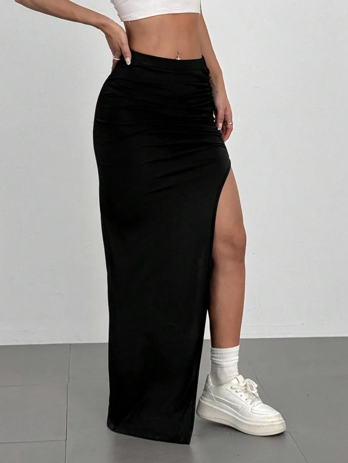 Women's 2025 Casual Maxi Long Skirts Solid Color Slit Skirt
