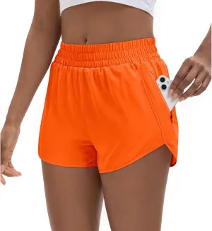 Women's 3" High Waisted Running Shorts Quick Dry Dolphin Sporty Athletic Gym Track Shorts for Women with Zipper Pocket